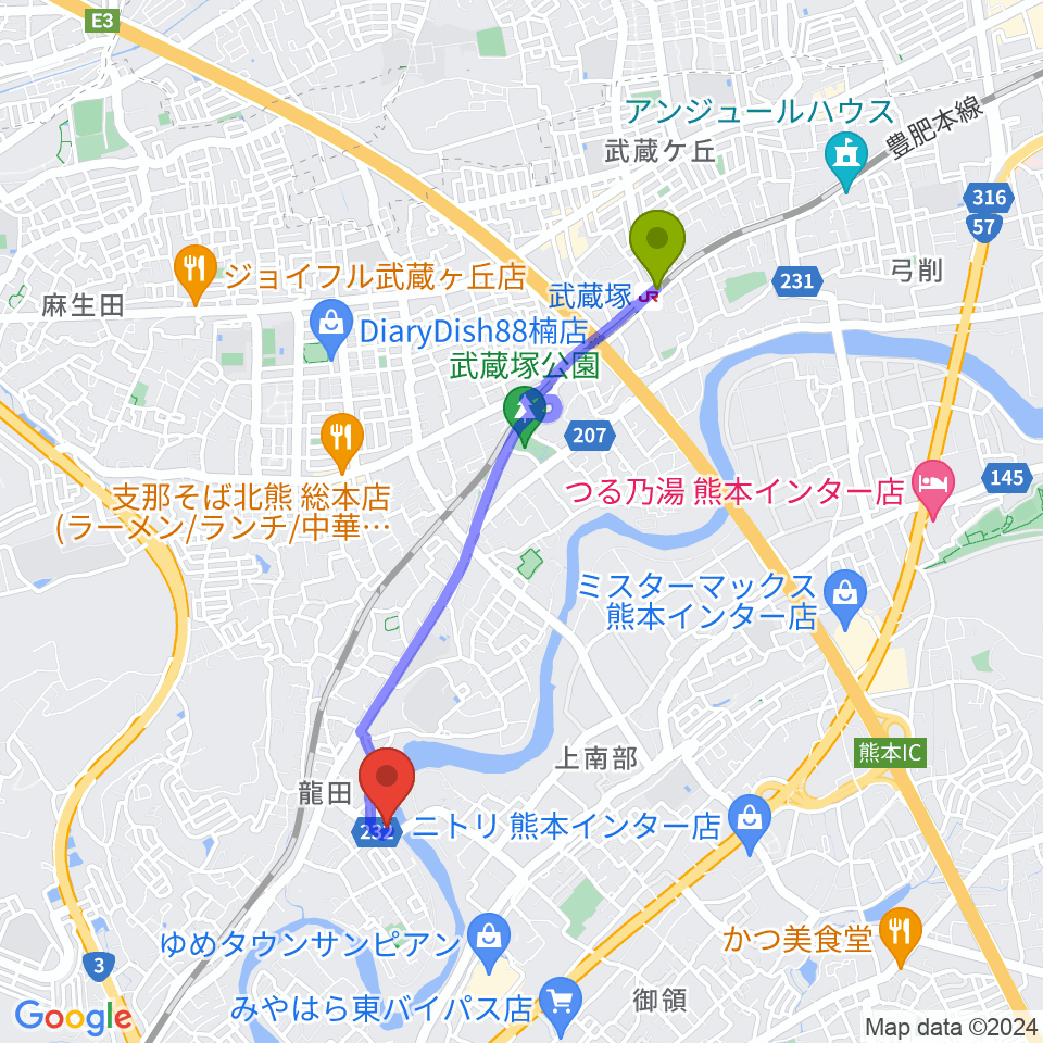 武蔵塚駅からやまべ音楽＆ギター教室へのルートマップ地図