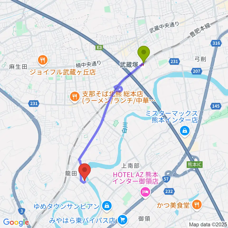 武蔵塚駅からやまべ音楽＆ギター教室へのルートマップ地図
