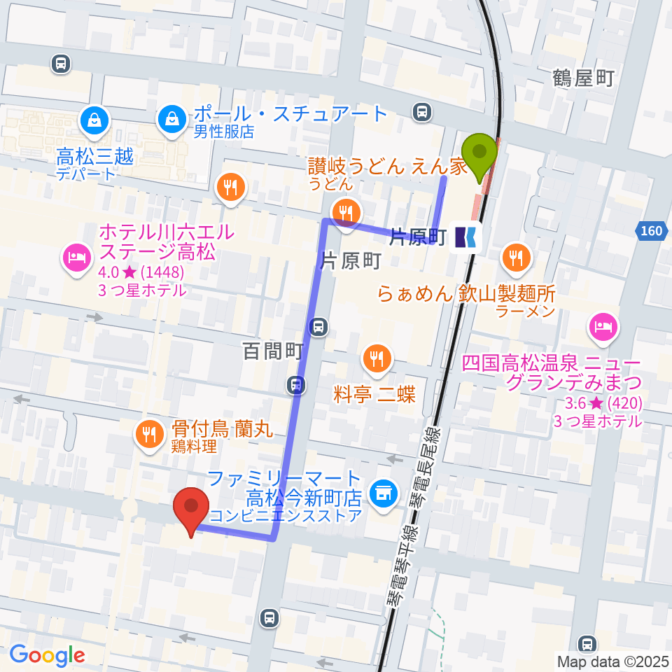 高松スタジオナッシュビルの最寄駅片原町駅からの徒歩ルート（約5分）地図