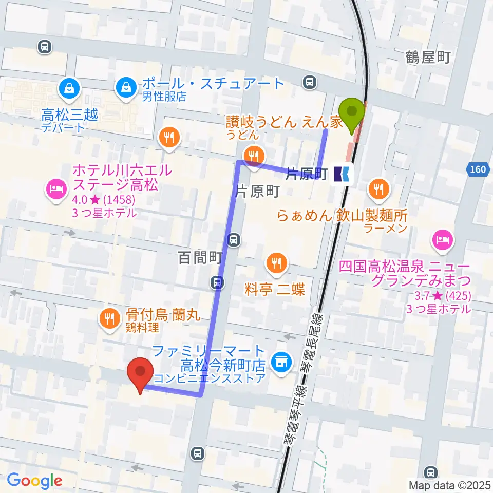 高松スタジオナッシュビルの最寄駅片原町駅からの徒歩ルート（約5分）地図