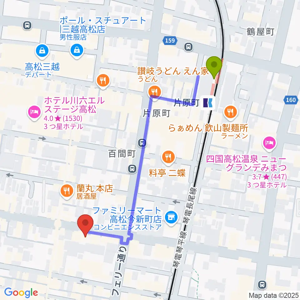 高松スタジオナッシュビルの最寄駅片原町駅からの徒歩ルート（約5分）地図