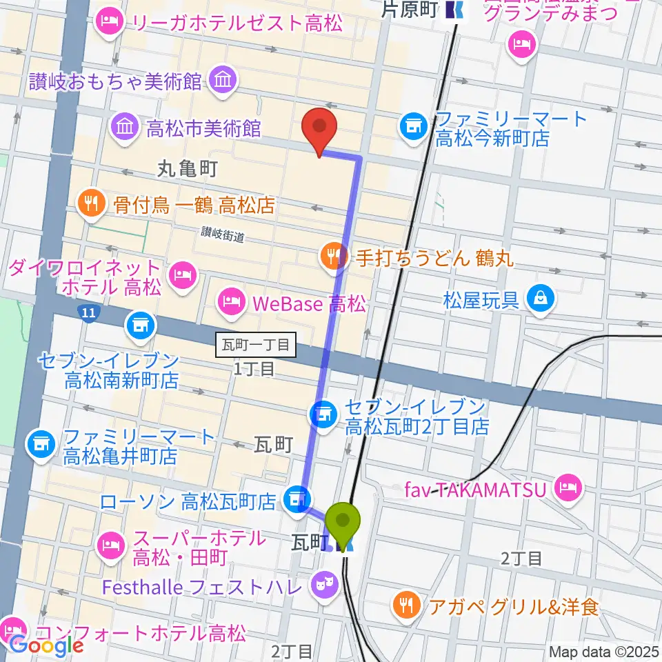 瓦町駅から高松スタジオナッシュビルへのルートマップ地図