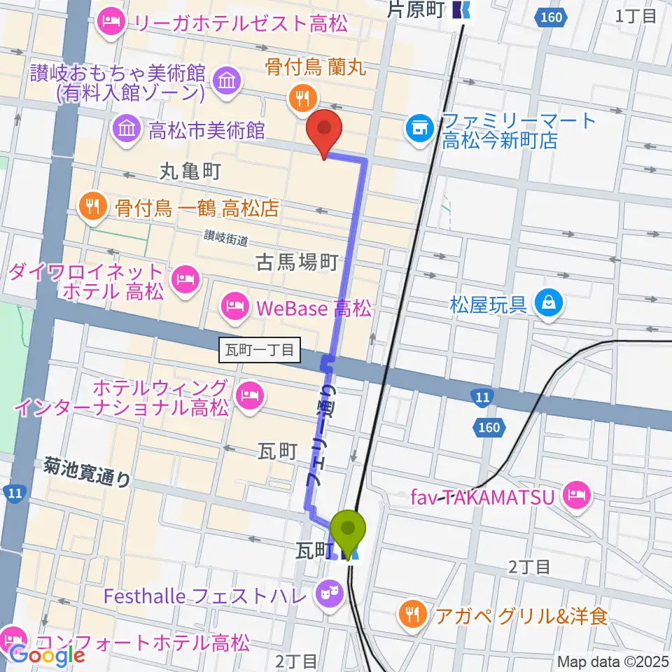 瓦町駅から高松スタジオナッシュビルへのルートマップ地図