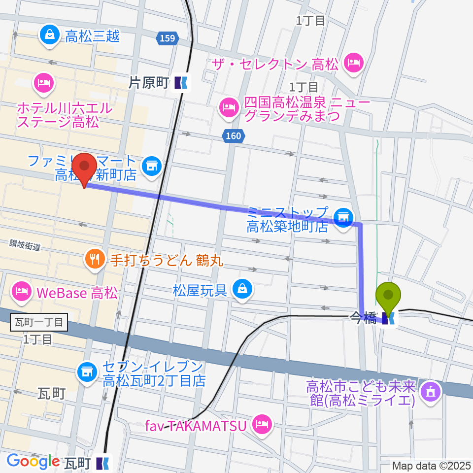 今橋駅から高松スタジオナッシュビルへのルートマップ地図