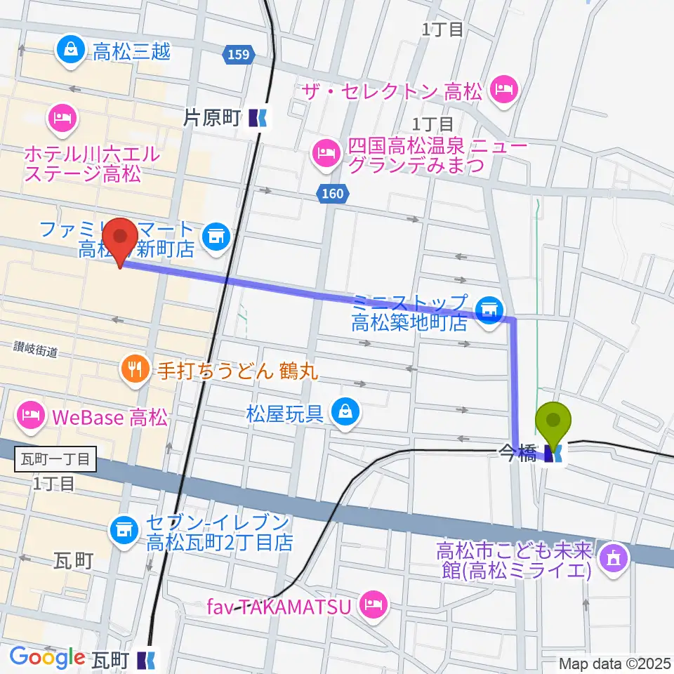 今橋駅から高松スタジオナッシュビルへのルートマップ地図