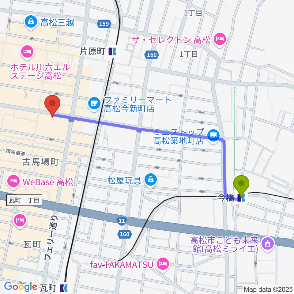 今橋駅から高松スタジオナッシュビルへのルートマップ地図