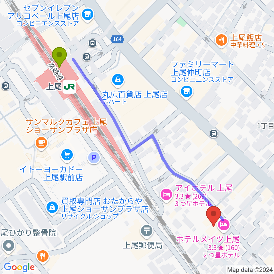 上尾 プラス・イレヴンの最寄駅上尾駅からの徒歩ルート（約6分）地図