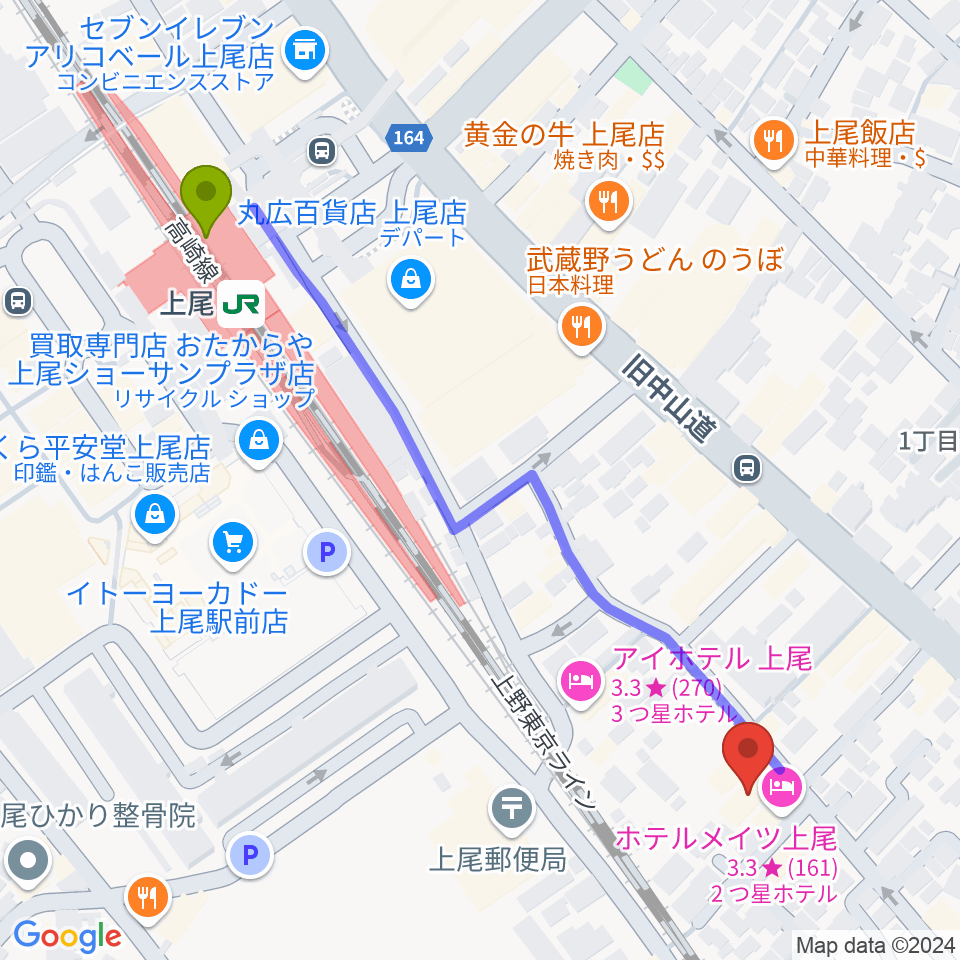 プラス・イレヴンの最寄駅上尾駅からの徒歩ルート（約6分）地図