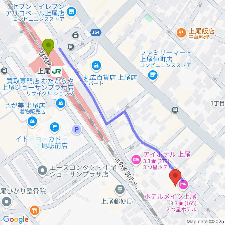 プラス・イレヴンの最寄駅上尾駅からの徒歩ルート（約6分）地図