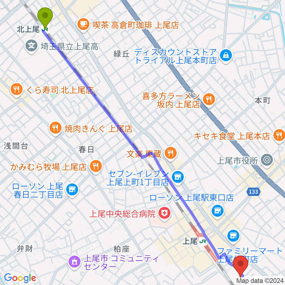 北上尾駅から上尾 プラス・イレヴンへのルートマップ地図