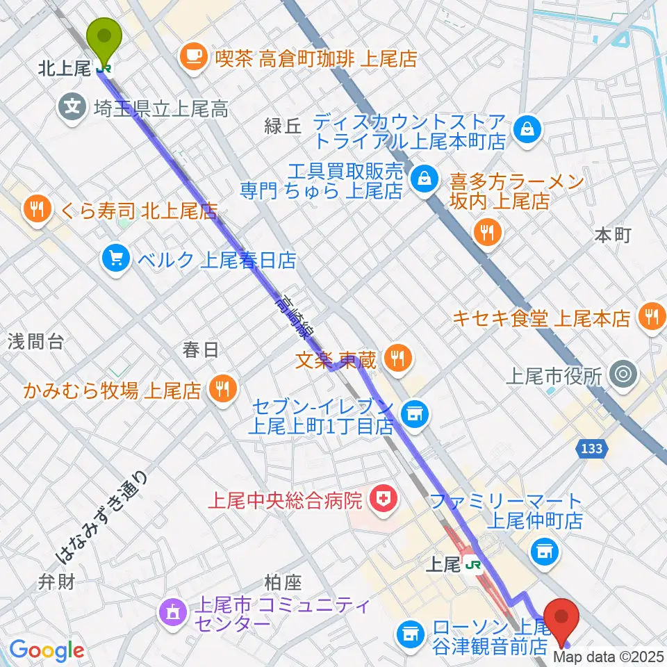 北上尾駅からプラス・イレヴンへのルートマップ地図