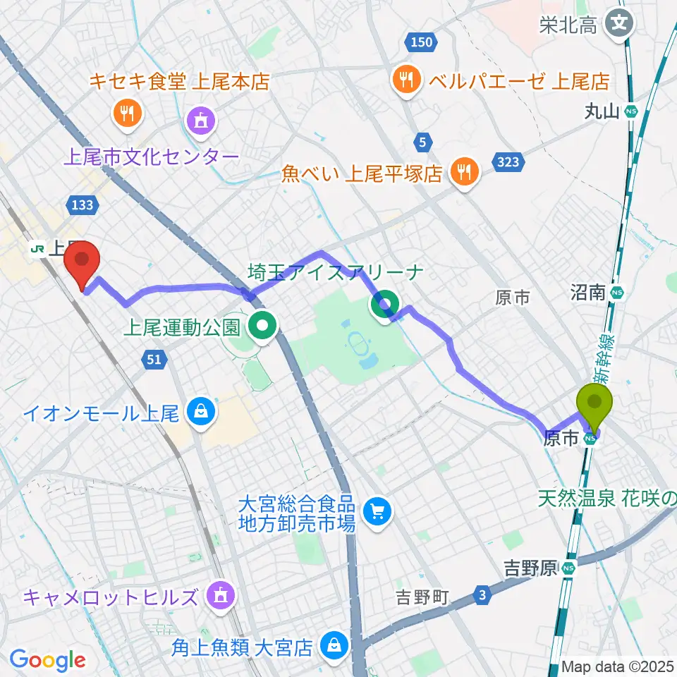 原市駅からプラス・イレヴンへのルートマップ地図