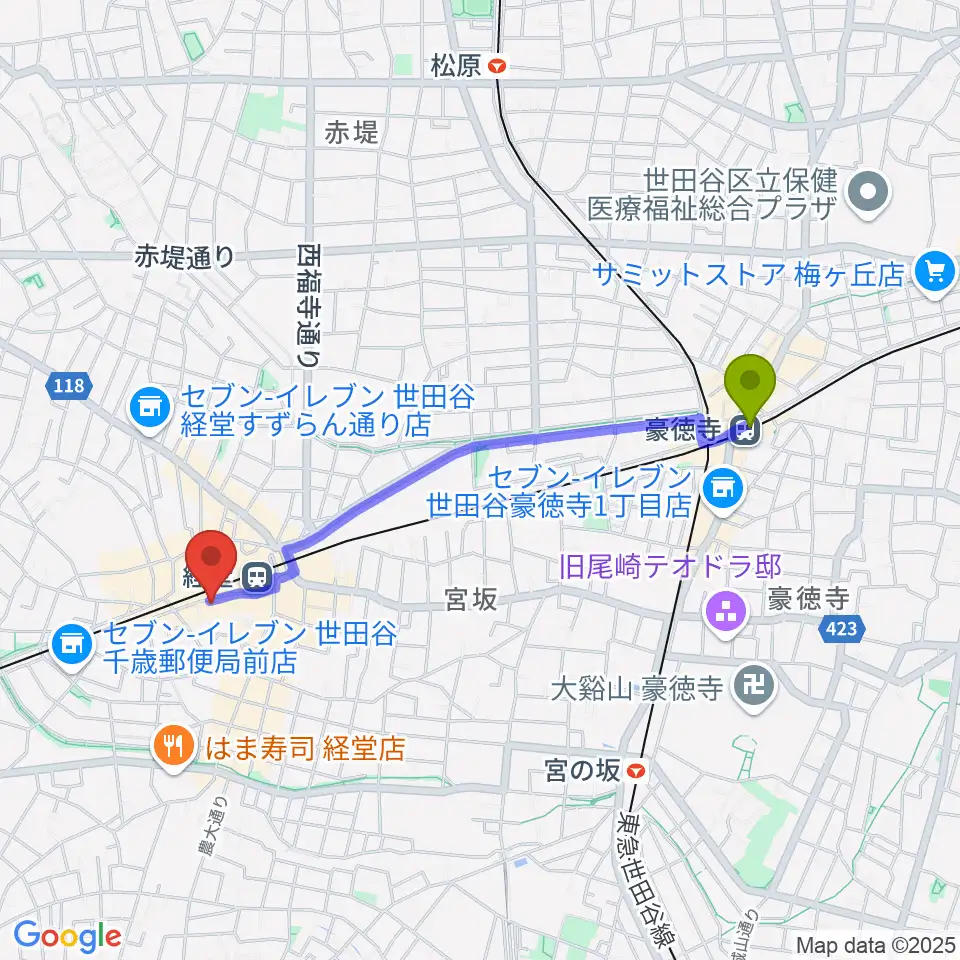 豪徳寺駅から経堂Crazy Loveへのルートマップ地図