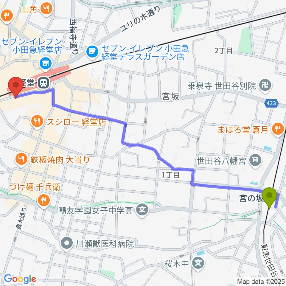 宮の坂駅から経堂Crazy Loveへのルートマップ地図