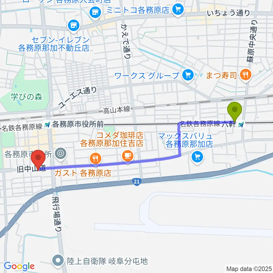 六軒駅からサウンドハンター各務原店 FreeManへのルートマップ地図