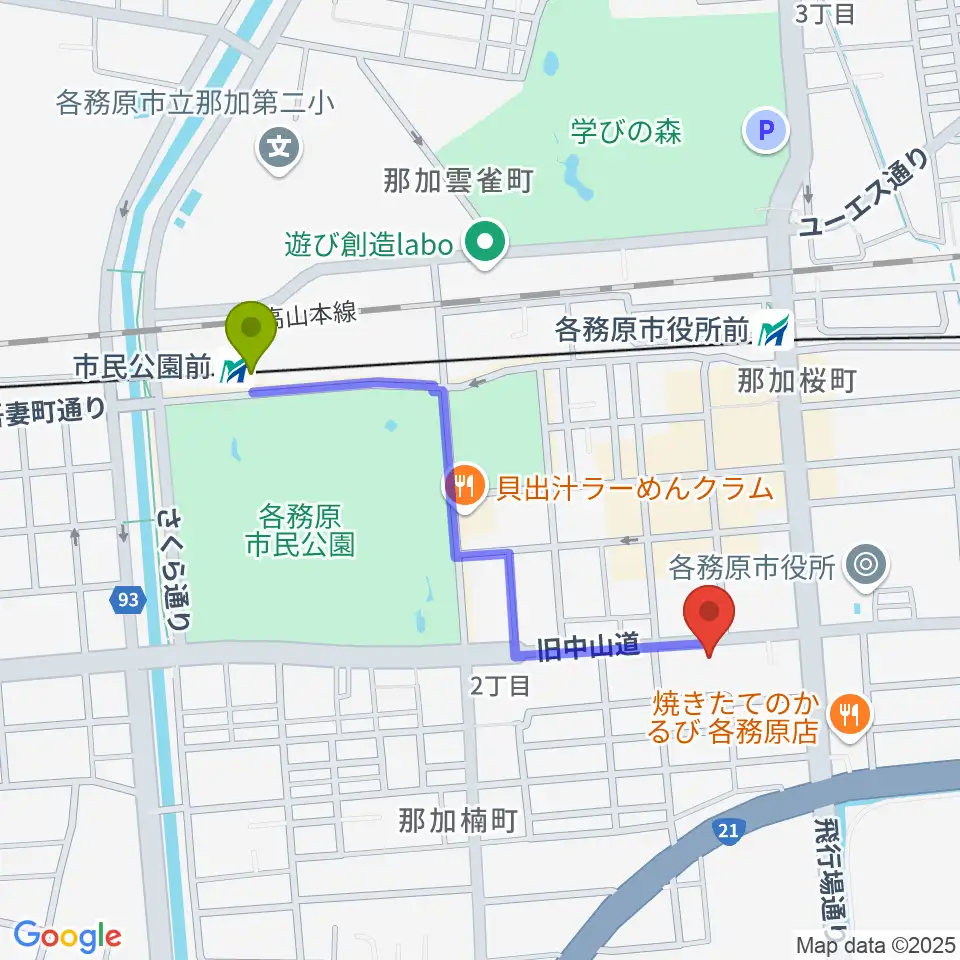 市民公園前駅からサウンドハンター各務原店 FreeManへのルートマップ地図