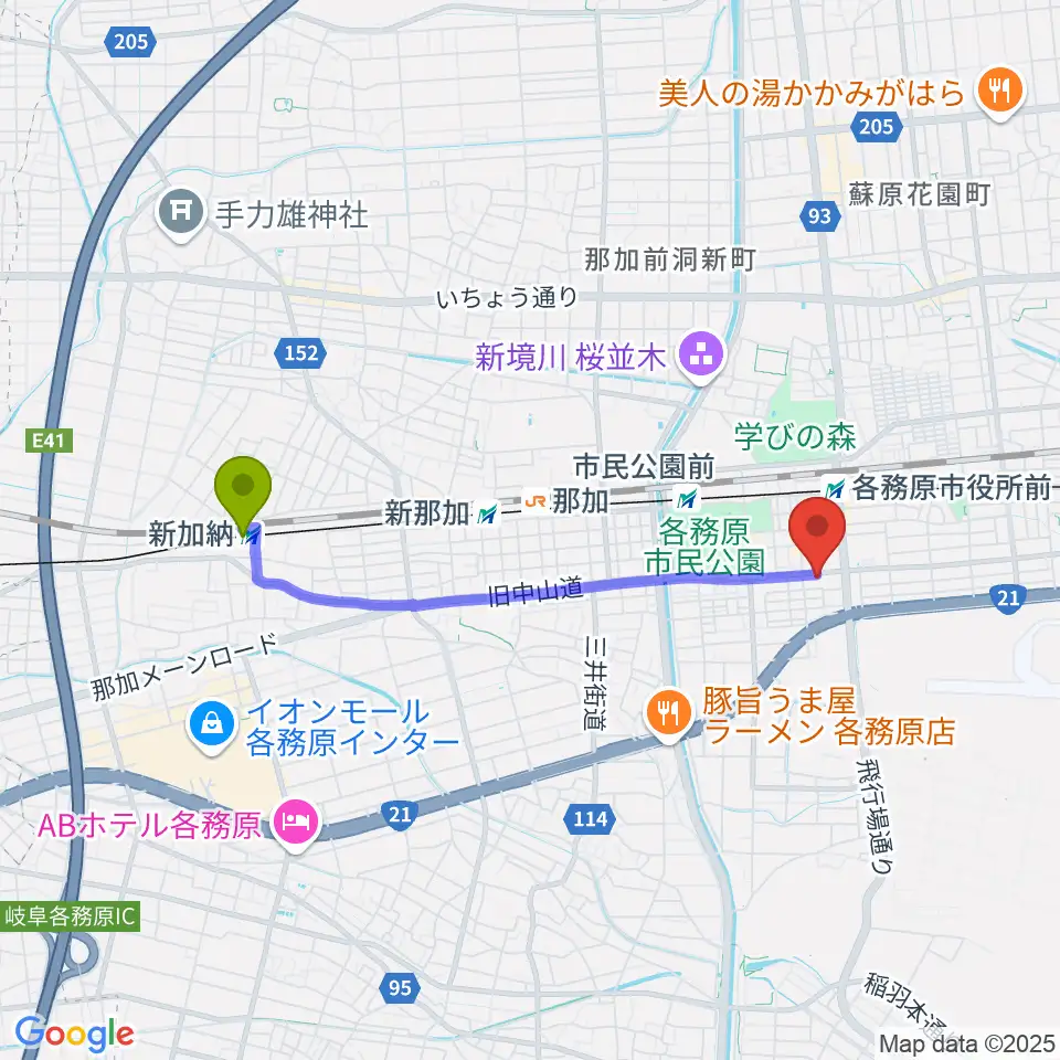新加納駅からサウンドハンター各務原店 FreeManへのルートマップ地図