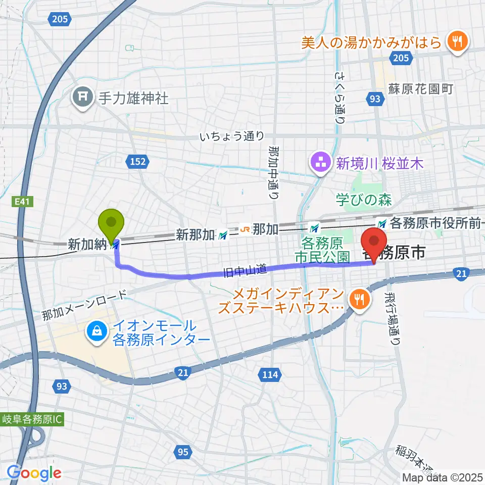 新加納駅からサウンドハンター各務原店 FreeManへのルートマップ地図