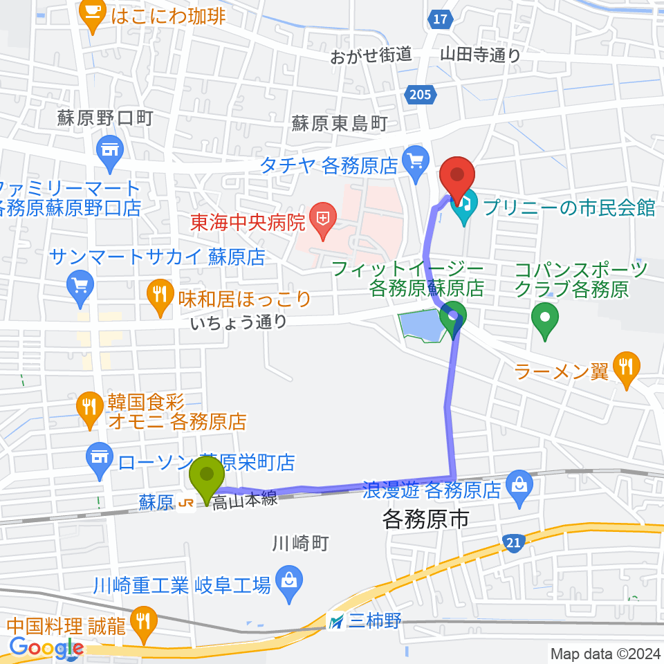 プリニーの文化ホールの最寄駅蘇原駅からの徒歩ルート（約18分）地図