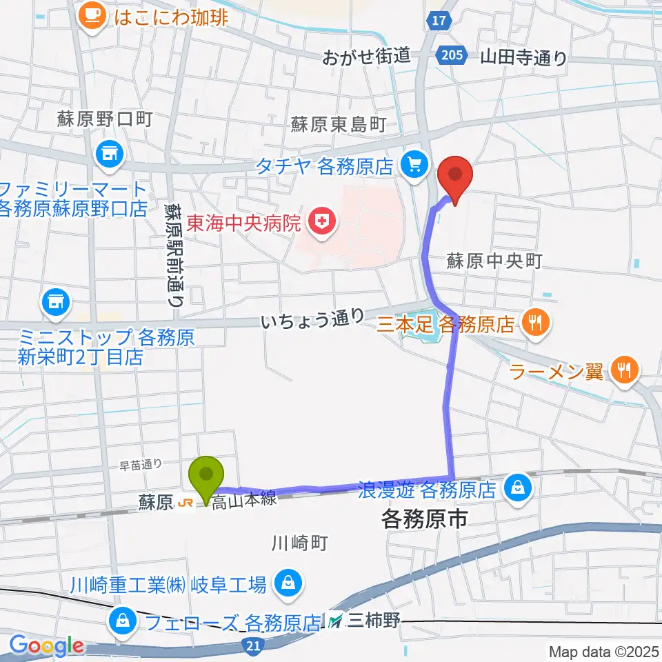 プリニーの文化ホールの最寄駅蘇原駅からの徒歩ルート（約18分）地図