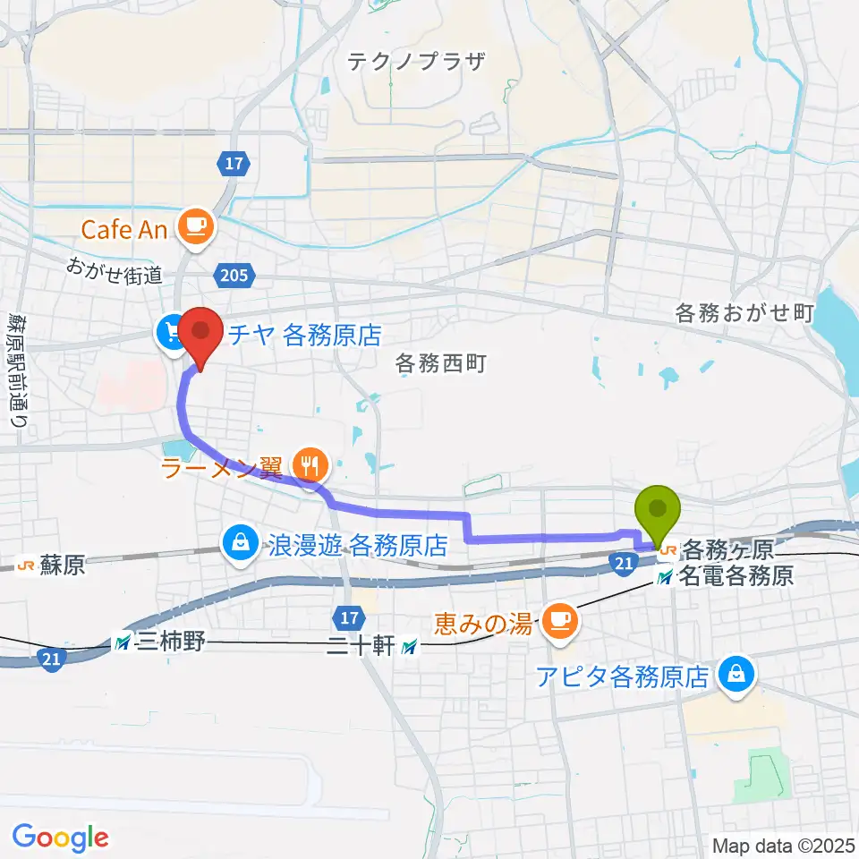 各務ケ原駅からプリニーの文化ホールへのルートマップ地図