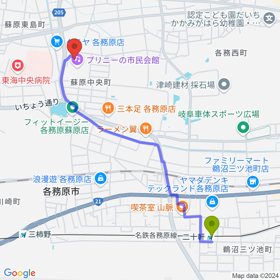 二十軒駅からプリニーの文化ホールへのルートマップ地図