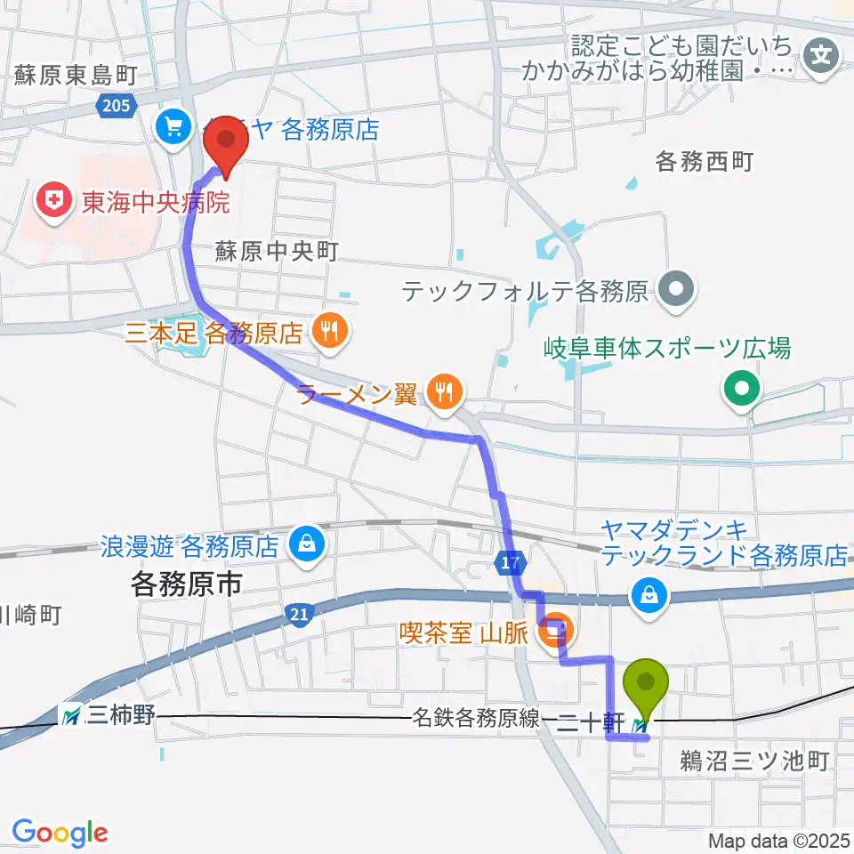 二十軒駅からプリニーの文化ホールへのルートマップ地図