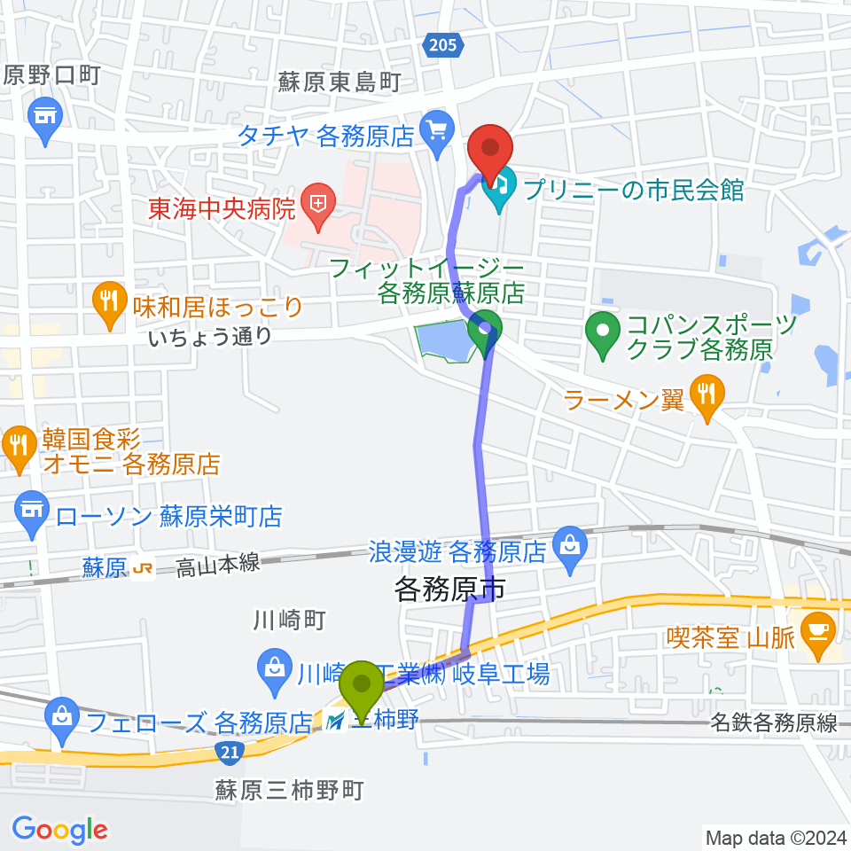 三柿野駅からプリニーの文化ホールへのルートマップ地図