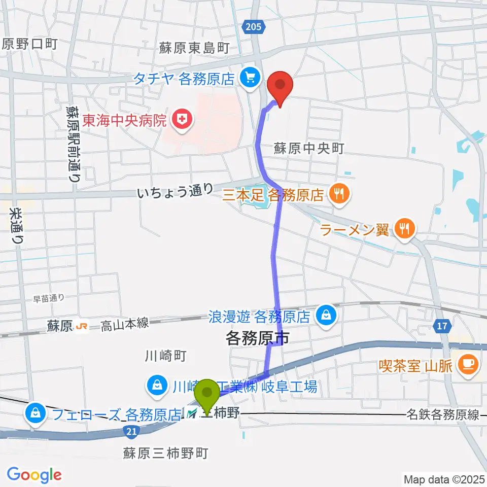 三柿野駅からプリニーの文化ホールへのルートマップ地図