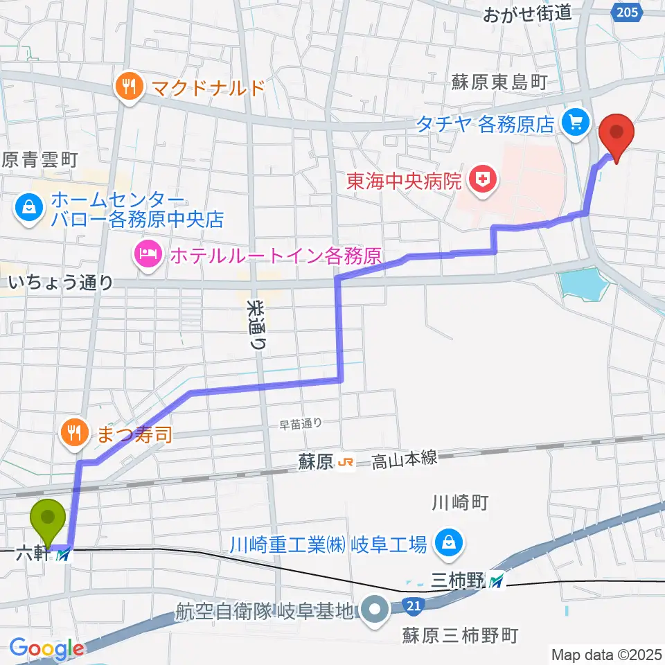 六軒駅からプリニーの文化ホールへのルートマップ地図