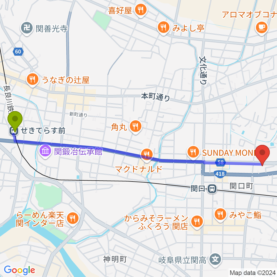 せきてらす前駅からシノダ楽器 旭ヶ丘センターへのルートマップ地図