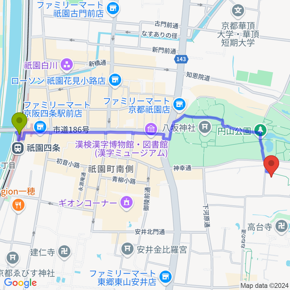 祇園四条駅から円山公園音楽堂へのルートマップ地図