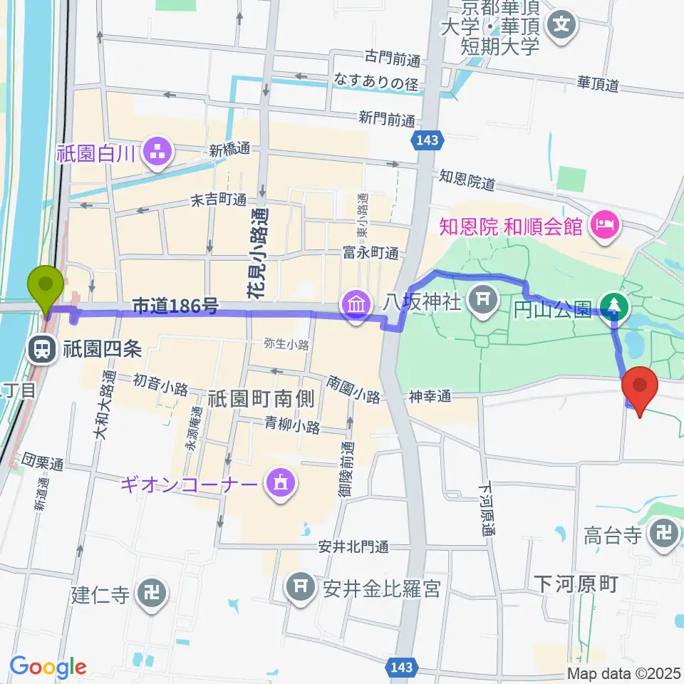 祇園四条駅から円山公園音楽堂へのルートマップ地図