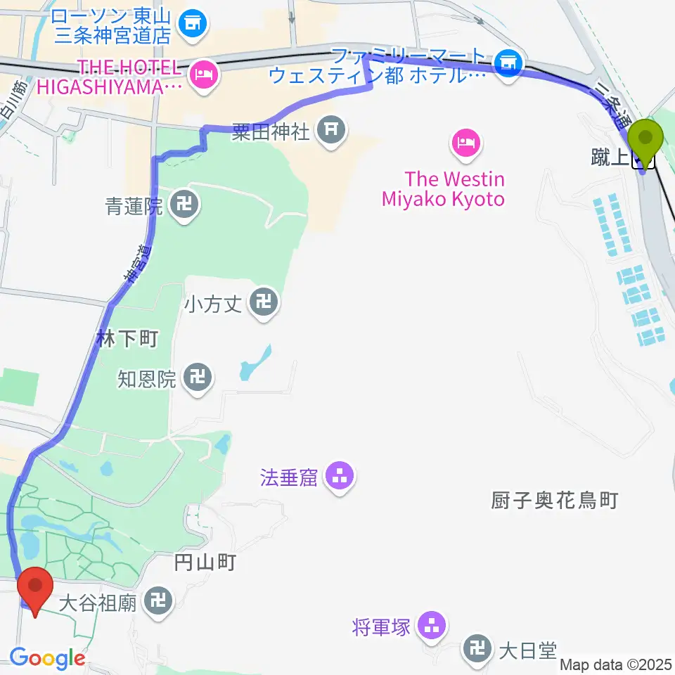 蹴上駅から円山公園音楽堂へのルートマップ地図