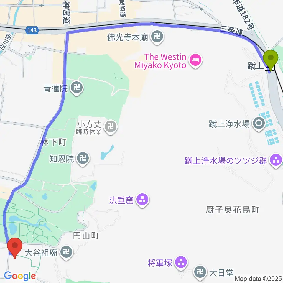 蹴上駅から円山公園音楽堂へのルートマップ地図