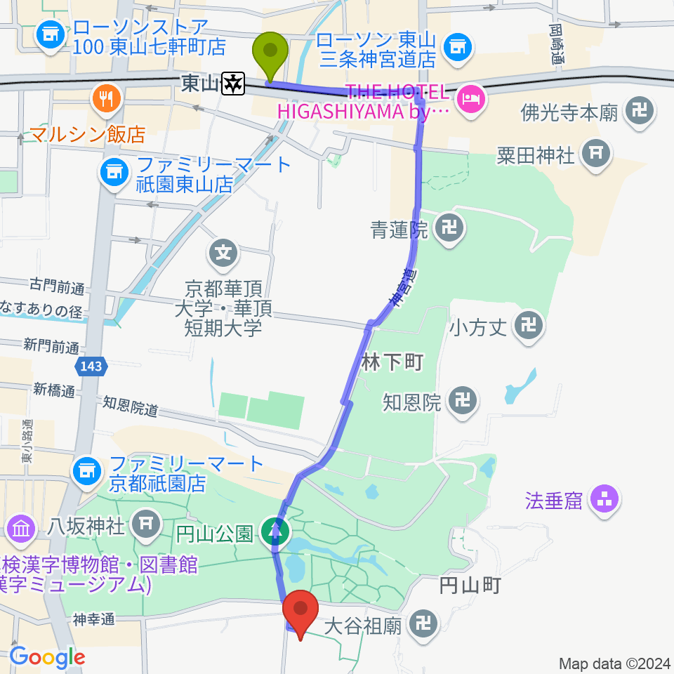 円山公園音楽堂の最寄駅東山駅からの徒歩ルート（約13分）地図