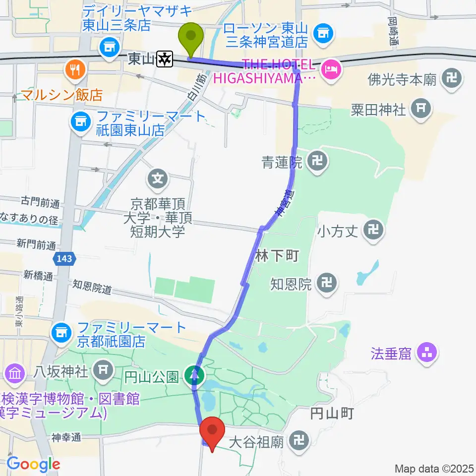 円山公園音楽堂の最寄駅東山駅からの徒歩ルート（約13分）地図