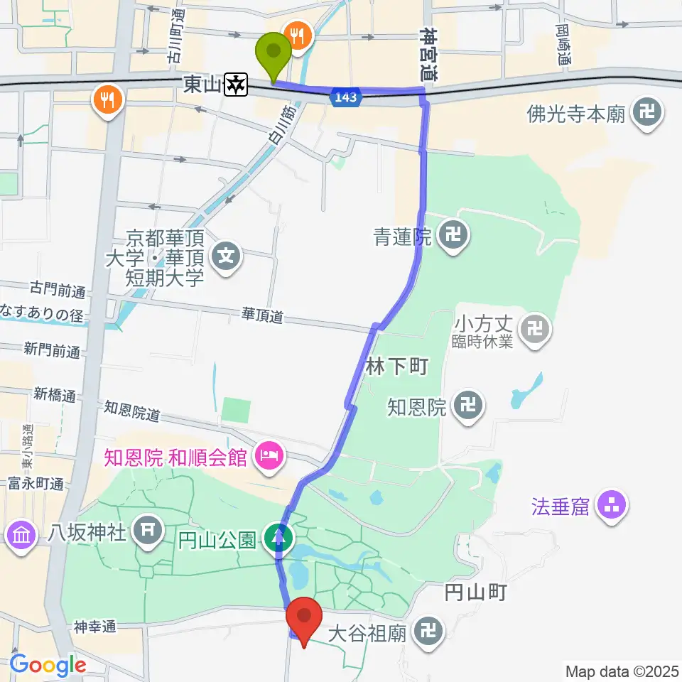 円山公園音楽堂の最寄駅東山駅からの徒歩ルート（約13分）地図