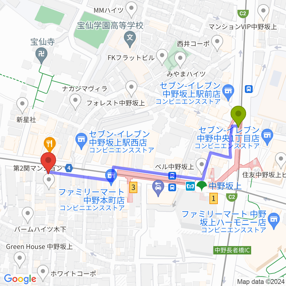 松栄楽器店の最寄駅中野坂上駅からの徒歩ルート（約5分）地図