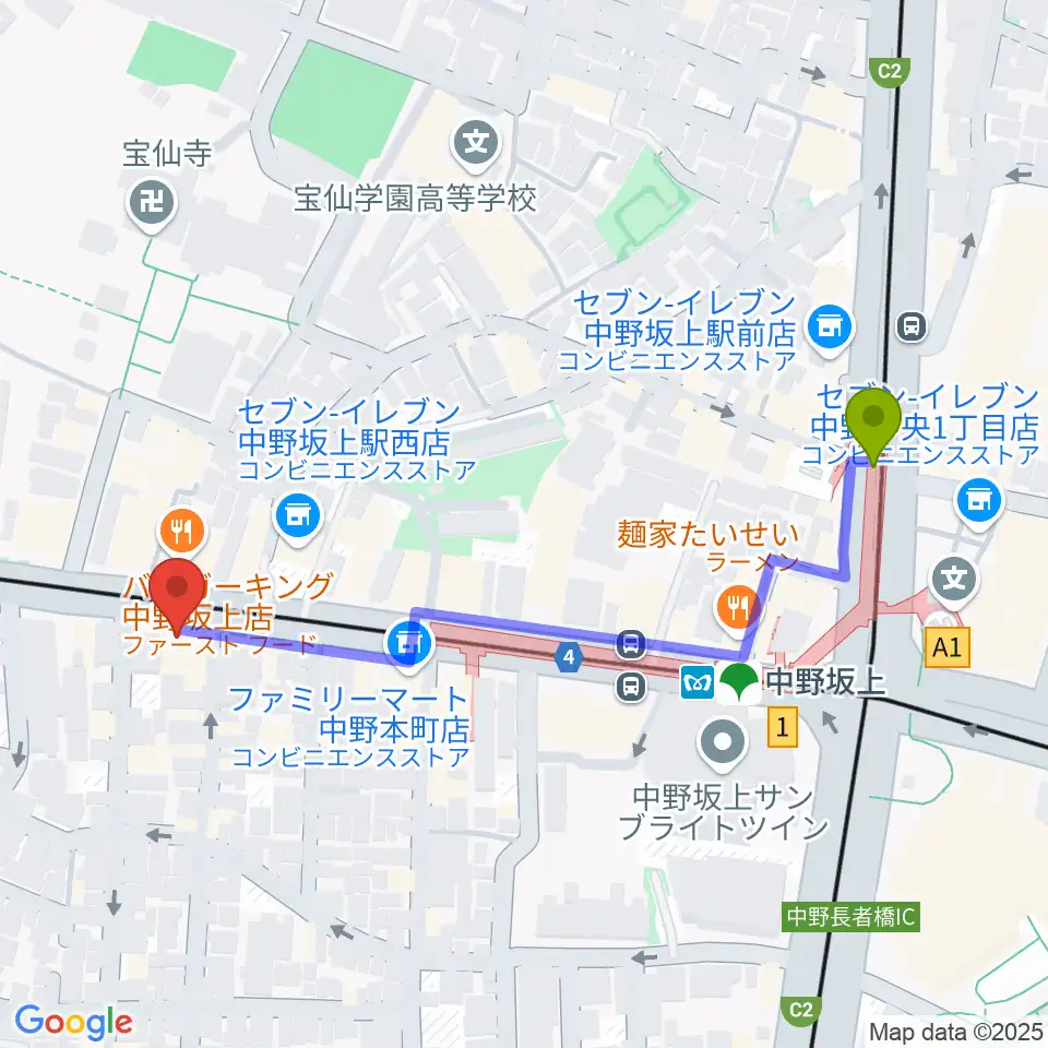 松栄楽器店の最寄駅中野坂上駅からの徒歩ルート（約5分）地図