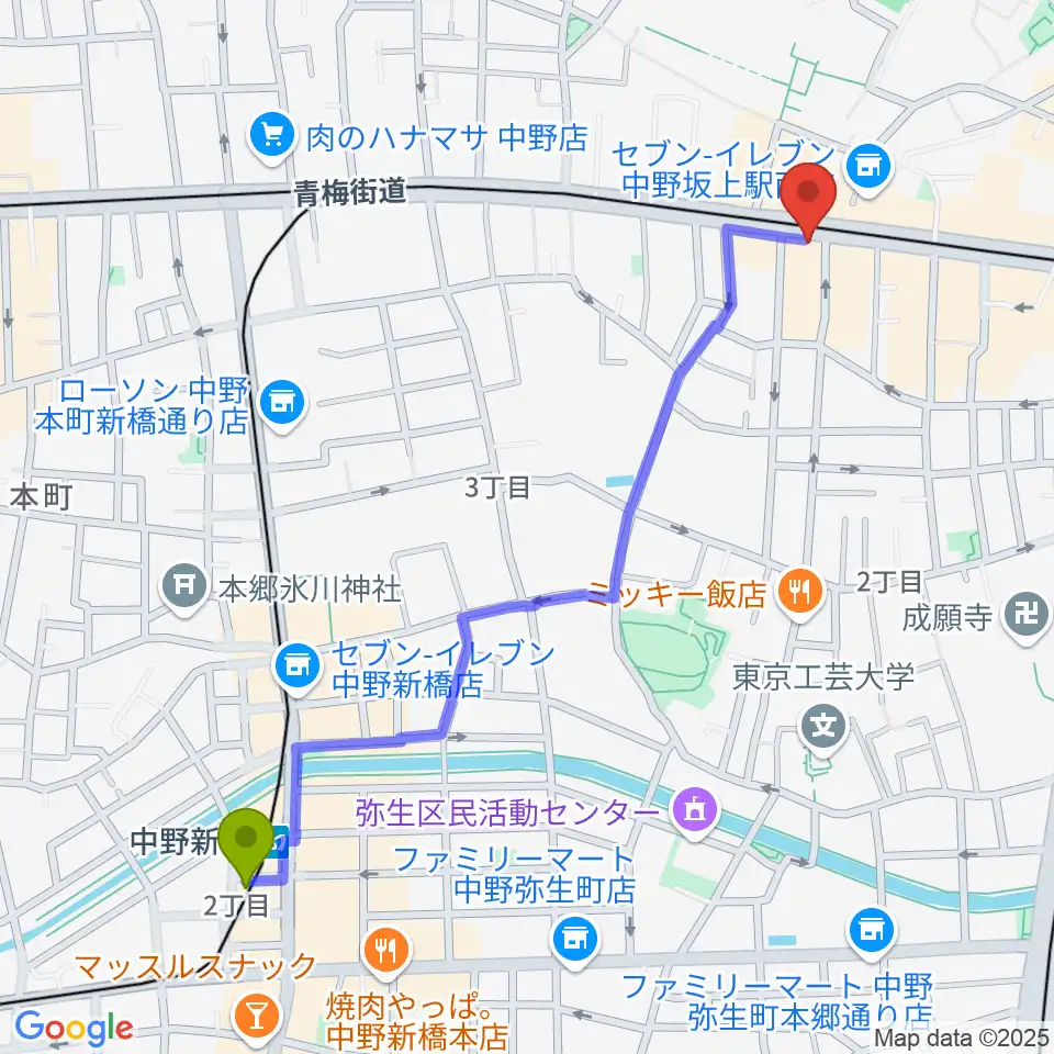 中野新橋駅から松栄楽器店へのルートマップ地図