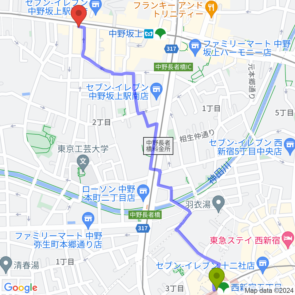 西新宿五丁目駅から松栄楽器店へのルートマップ地図