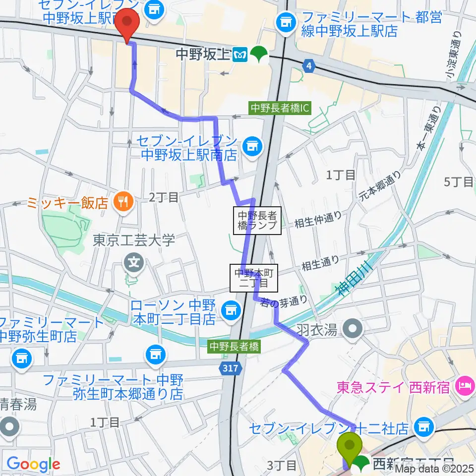 西新宿五丁目駅から松栄楽器店へのルートマップ地図