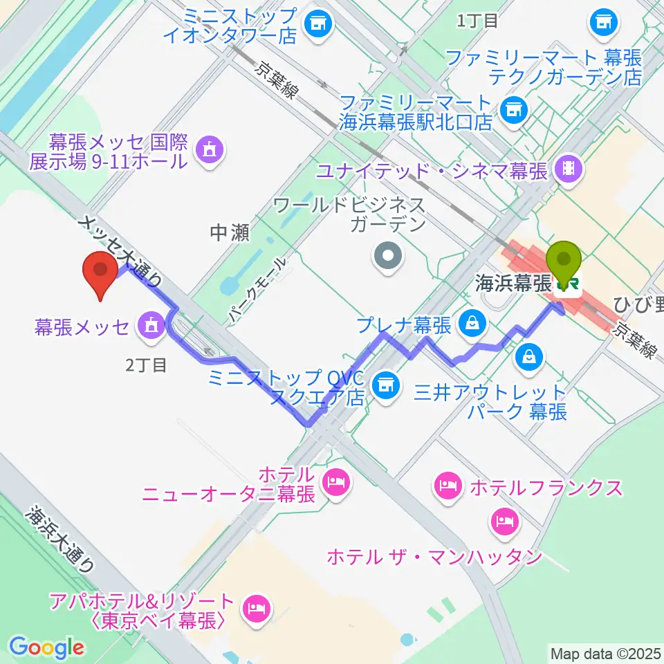 幕張イベントホールの最寄駅海浜幕張駅からの徒歩ルート（約11分）地図