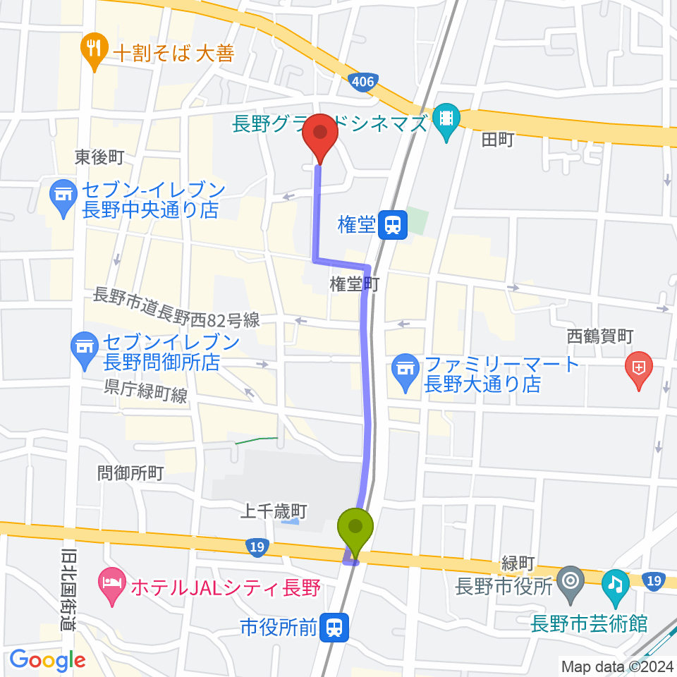 市役所前駅から長野ロズベリーカフェへのルートマップ地図