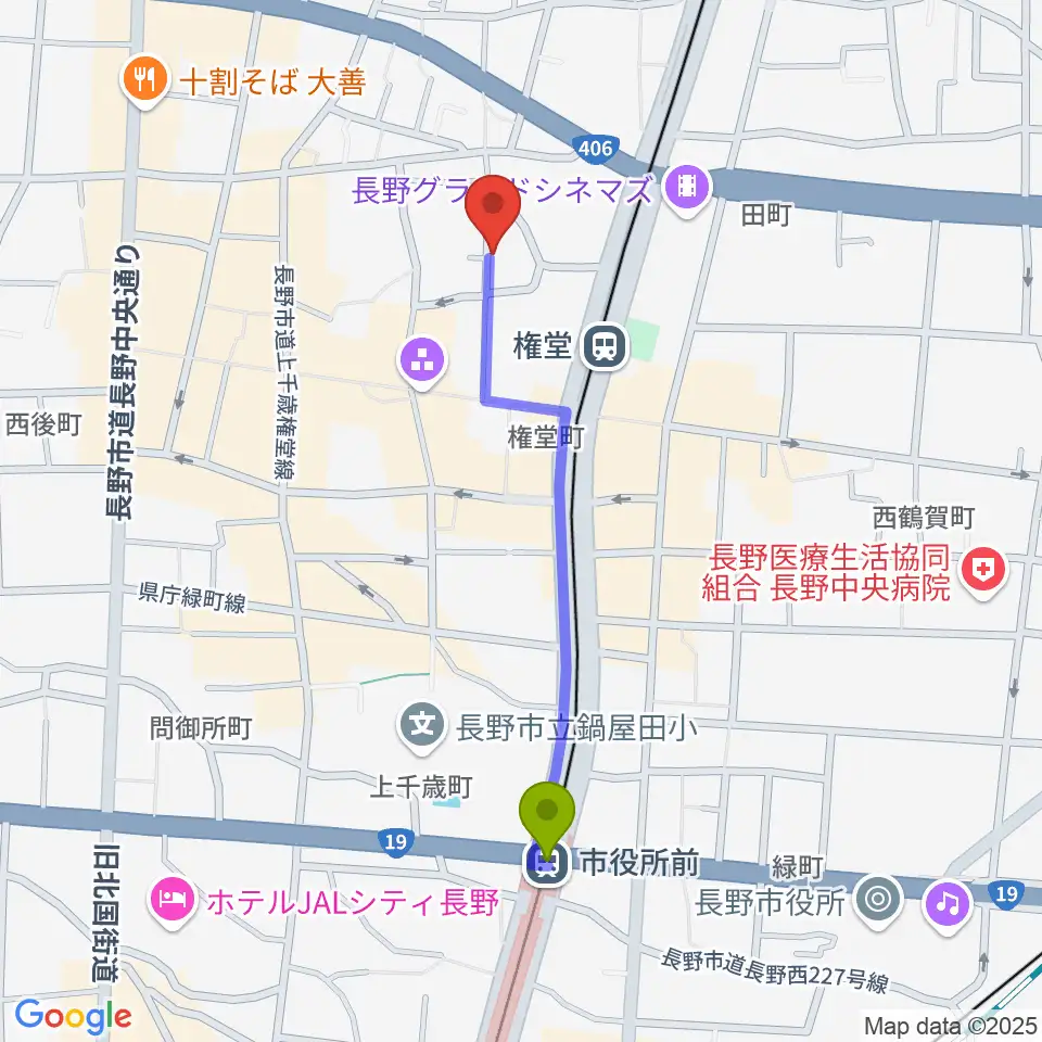 市役所前駅から長野ロズベリーカフェへのルートマップ地図