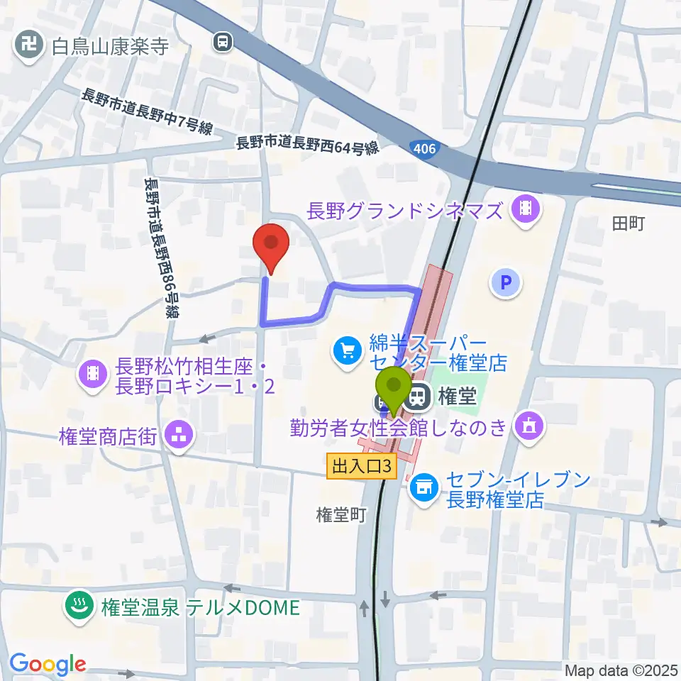 長野ロズベリーカフェの最寄駅権堂駅からの徒歩ルート（約2分）地図