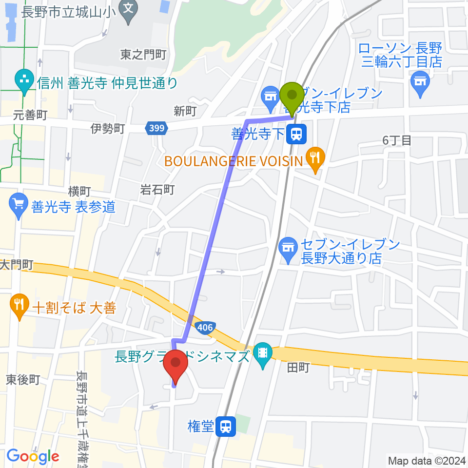 善光寺下駅から長野ロズベリーカフェへのルートマップ地図