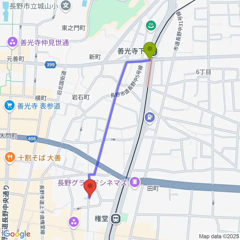 善光寺下駅から長野ロズベリーカフェへのルートマップ地図