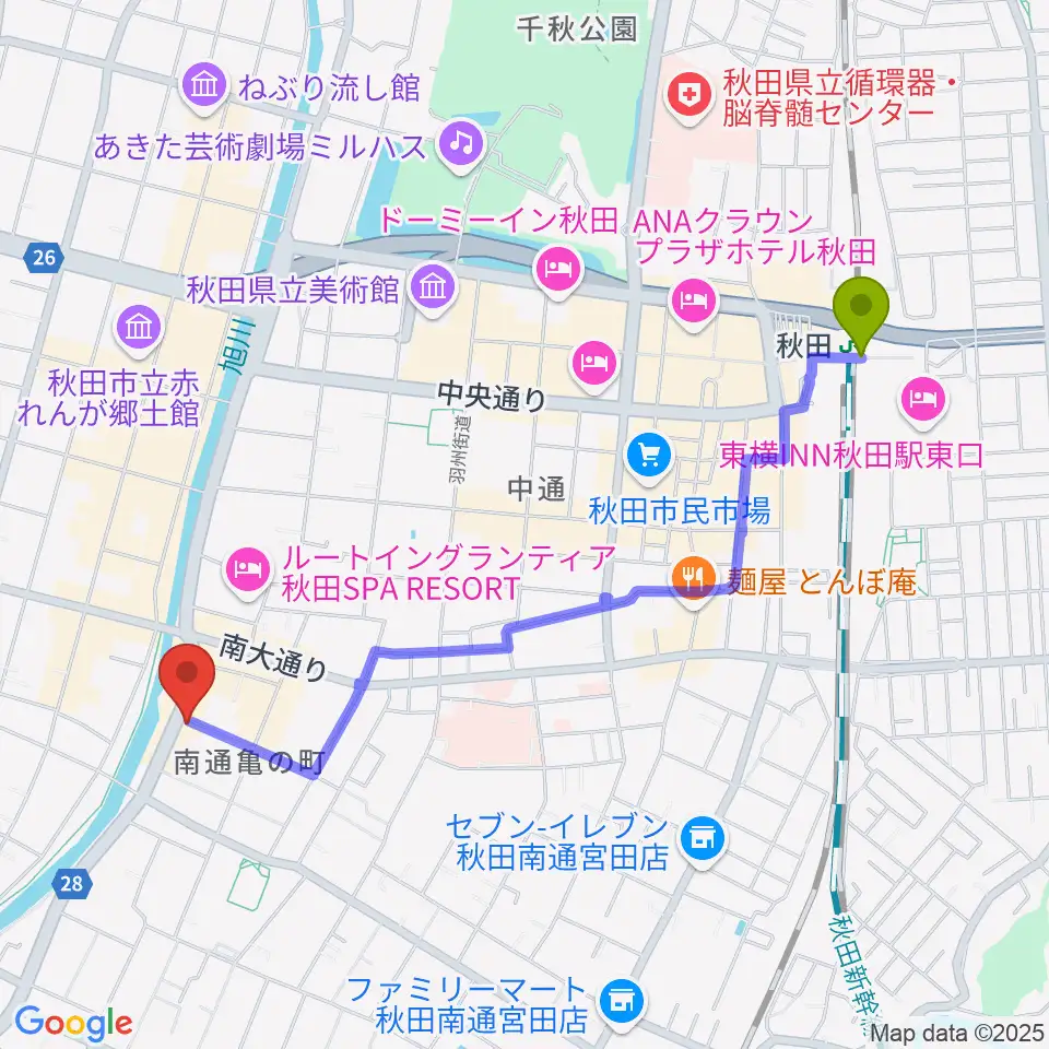 秋田ラウドアフェクションの最寄駅秋田駅からの徒歩ルート（約22分）地図